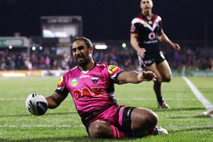 Travis Robinson of the Panthers scores in the corner during the round 10 NRL match between the Penrith Panthers and the New Zealand Warriors. Photo / Getty Images.