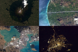 Photos of Mt Taranaki, NZ's South Island, Auckland and Christchurch taken by astronauts aboard the International Space Station. Photo / Twitter