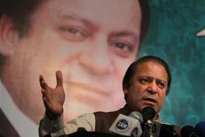 Pakistan's former Prime Minister Nawaz Sharif addresses party workers in Lahore, Pakistan. Photo / AP