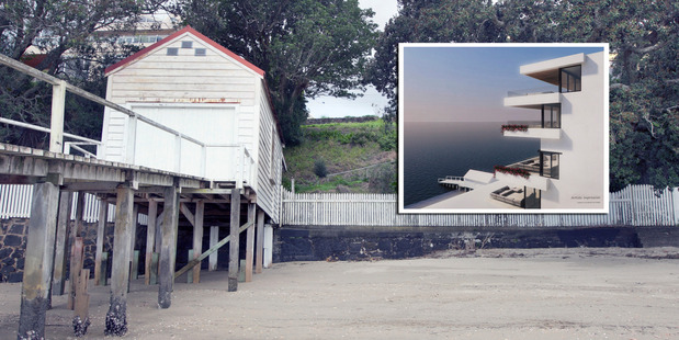 The property at 79 Sarsfield St, Herne Bay, as seen from Sentinel Reserve. (Inset) An artist's impression of the proposed development. Photo / Natalie Slade