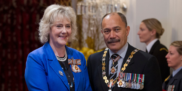 Superintendent (Ret) Paula Rose with the Governor General, Sir Jerry Mateparae, after receiving the Insignia of a Companion of the Queen's Service Order. Photo / Mark Mitchell