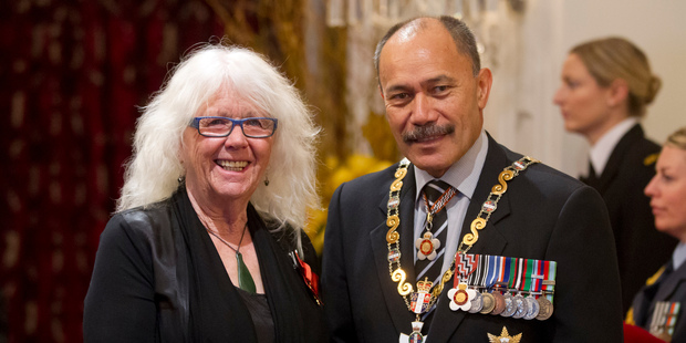 Fleur Sullivan with the Governor General, Sir Jerry Mateparae, after receiving the Insignia of a Companion of the NZ Order of Merit, at the investiture ceremony in Wellington. Photo / Mark Mitchell