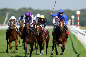 Encke (rails) prevents Camelot (2nd left) from completing the Triple Crown by winning the St Leger, a victory now under scrutiny. Photo / Getty Images