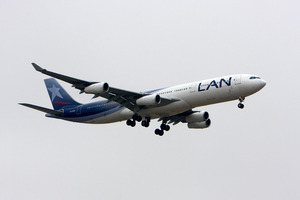 The LAN Chile Airbus A340 which hit runway lights at Auckland Airport. Photo / Javier Pedreira