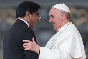 Pope Francis embraces Paul Bhatti, brother of the assassinated member of the Pakistani National Assembly Shahbaz Bhatt.Photo / AP