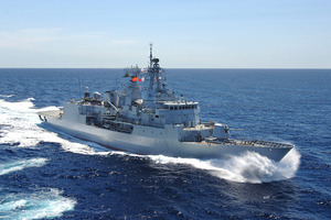 HMNZS Te Mana docks at the US base on Guam on May 31. Photo / Department of Defence