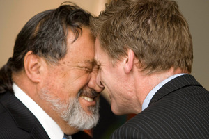 Bill English receives a Hongi by Pita Sharples Minister of Maori affairs during the Whanau Ora launch at Te Puni Kokiri in Wellington. Photo / File