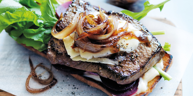 Mustard steak sandwich with caramelised cider onions. Photo / Donna Hay Magazine