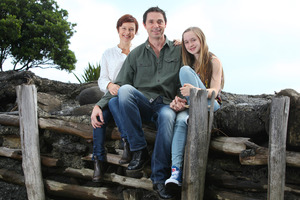 Finalist Aaron Brunet with wife Ani and daughter Ariana at Manu Bay near Raglan. Photo / Rhys Palmer