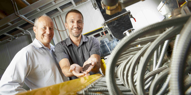 Darren Harpur (left) and Dr Johan Verbek with the bioplastic pellets. Photo / Supplied