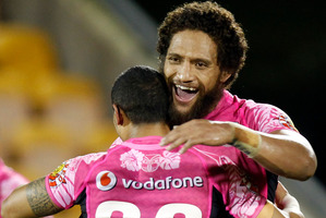 Manu Vatuvei and Pita Godinet show the relief of a win. Photo / Richard Robinson