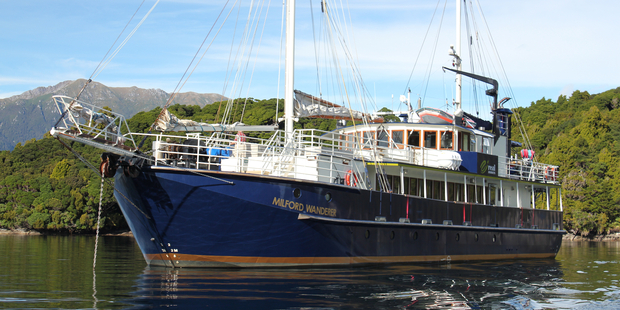 The Milford Wanderer anchored in Milford Sound. Photo / Supplied
