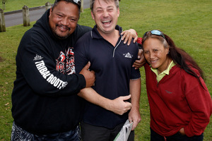 Mita Moses and Kathy Stongman with Mark Workman, centre, react to the good news he has donated $2000 towards the cost of a replacement vehicle. Photo / Northern Advocate