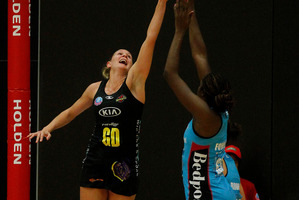 The Magic's Casey Kopua defends against the Steel's Jhaniele Fowler in Rotorua. Photo / Christine Cornege