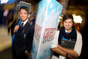 Year 13 students Alessandro Marin (left) and Besmillah Mirzaee check out the careers expo. Photo / Richard Robinson.