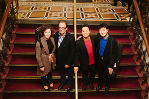 Sir Michael Hill (second from left) with finalists Sarah Christian, Nikki Chooi and Boson Mo. Photo / Simon Darby