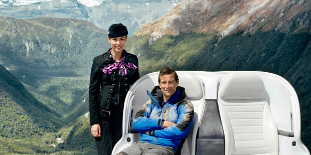 Bear Grylls in the Air New Zealand safety video, filmed in the Southern Alps. Photo / Supplied