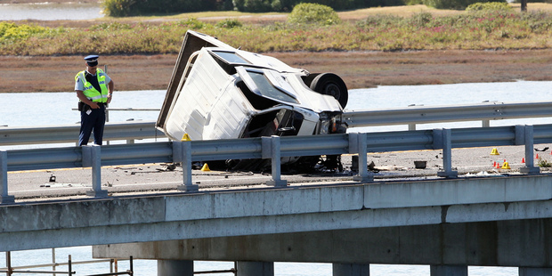 This light truck was in collision with a logging truck on the Ahuriri Estuary bridge in Hawkes Bay. Photo / Dean Purcell
