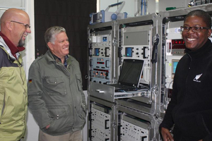 The telemetry technicians working at the Awarua tracking station, Herman Steenkamp (left) and Leon Korkie (centre) of South Africa, and Gilles Sonny, of French Guiana. Photo / Supplied