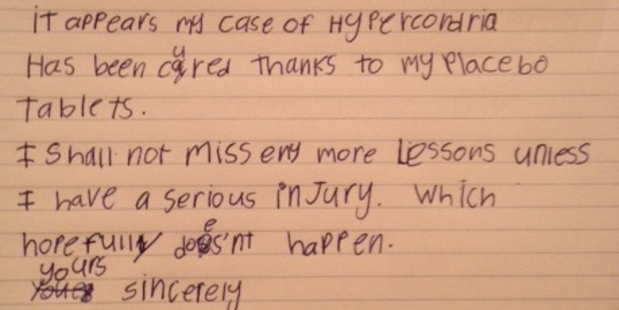"My 7-year-old son wrote this explaining why he kept missing maths class. He has a crush on the nurse," writes an Auckland Dad. Photo / Supplied