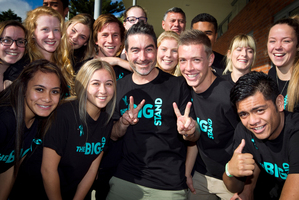 Dai Henwood with Howick College students who are taking a stand against bullying. Photo / Natalie Slade