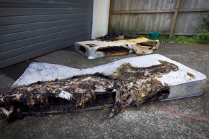 Rochelle Stoneham awoke to find this mattress on fire in her toddlers' bedroom. Photo / Natalie Slade