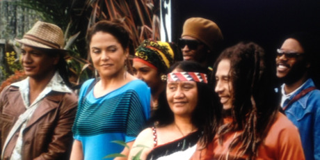 A still from documentary Come a Long Way showing Bob Marley receiving a powhiri at Parnell Rose Gardens in 1979 appeared in Mt Zion using a technique known as rotoscoping.