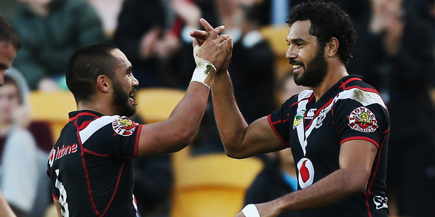 Dane Nielsen of the Warriors (R) and Thomas Leuluai of the Warriors celebrate a try during the round 13 NRL match between the Warriors and the Manly Sea Eagles. Photo / Getty Images