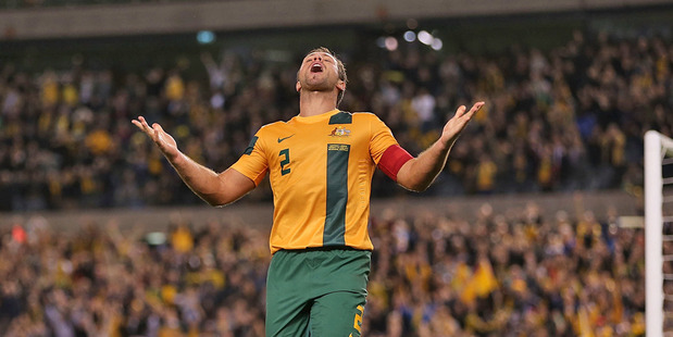 Lucas Neill of the Socceroos celebrates after scoring a goal during the FIFA World Cup Qualifier match between Australia and Jordan. Photo / Getty Images