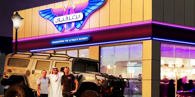 Chris Mason, Hamad Albuali (Abdullah Fouad) & Josef Roberts in front of the new BurgerFuel store in Riyadh.
