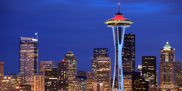 Seattle Space needle and cityscape at night. Photo / Getty Images