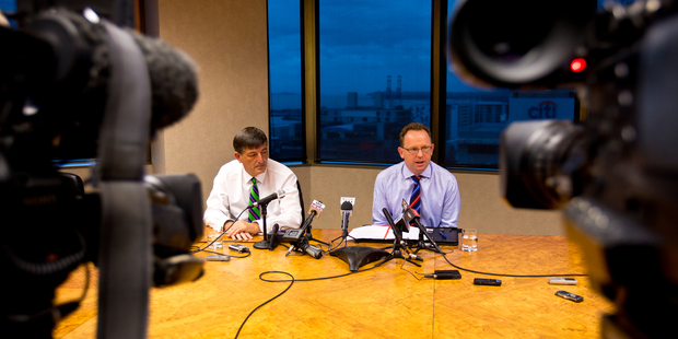 Michael Stiassny, left, here with KordaMentha colleague Brendon Gibson, has indicated the MediaWorks tax issue will be left behind. Photo / Dean Purcell