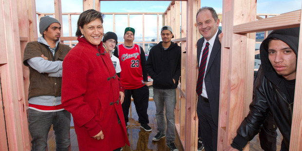 Meka Whaitiri and David Shearer with construction-course students (from left) Ronald Edwards, Cameron Clark, Tipene Chase, Dennis Carrol and Emilio Menzies in Masterton. Photo / Mark Mitchell