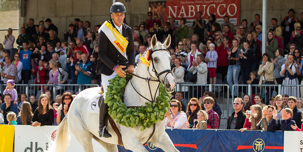 Andrew Nicholson celebrates winning the Luhmuhlen CCI4 in Germany. Libby Law/ESNZ