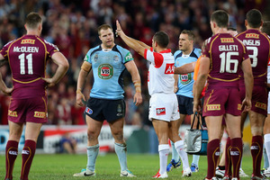 Trent Merrin of the Blues is sin binned for fighting during game two of the ARL State of Origin series between the Queensland Maroons and the New South Wales Blues. Photo / Getty Images.