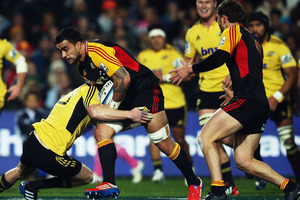 Liam Messam of the Chiefs charges forward during the round 18 Super Rugby match between the Chiefs and the Hurricanes. Photo / Getty Images.