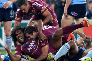 Sam Thaiday of the Maroons celebrates after scoring a try at Suncorp Stadium.Picture / Getty Images