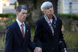 Margaret Spencer with her son Paul, as they arrive at the High Court, Auckland. Photo / Brett Phibbs