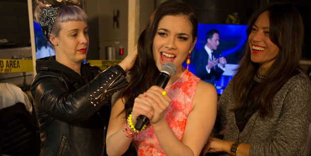 Katherine Gould, head of hair and makeup, contestant Jackie Thomas wearing a Coop dress, and Key Stylist Kylie Cooke, backstage at 'The X Factor'.