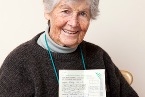 Beth Okeby, 87, kept her husband's cancelled air ticket. Photo / Abby Dance