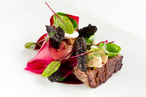 The beef fillet with duck liver, beetroot, pistachio and dill currently on the menu at Sidart restaurant in Ponsonby. Photo / Babiche Martens