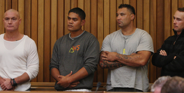 Joseph Rewiri, Taonui Hiku, Witeri Neketai and Jesse Christopher Hartley at Tauranga District Court. Photo / Bay of Plenty Times