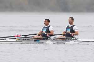 Michael Arms and Robbie Manson power their way to victory in the double sculls. Photo / Getty Images