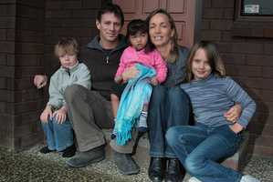 Jendah's first visit to NZ with the Dyer family who reside in Cambodia in 2009, from left, Sam 7, Grahame Dyer, Jendah 2 , Kathryn Dyer and Carla 9. Photo / APN