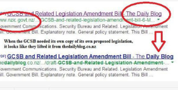 A Google search for spy legislation took you to the GSCB website - but with a copy taken from 'The Daily Blog'. Photo / Daily Blog