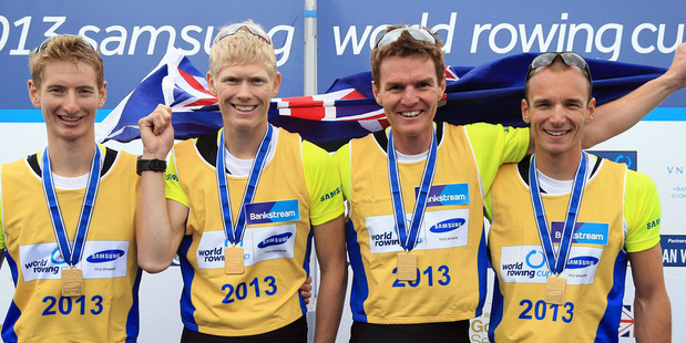 The New Zealand Lightweight Men's Four crew of James Hunter, James Lassche, Peter Taylor and Curtis Rapley celebrate victory. Photo /Getty Images