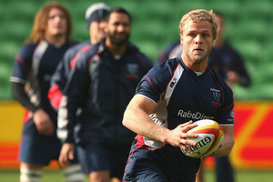 Jarrod Saffy of the Rebels looks to pass the ball during a Melbourne Rebels Super Rugby captain's run. Photo / Getty Images