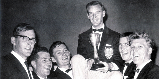 Peter Masfen (left), coach Jack Stevenson, Alistair Dryden, cox Bob Page, Darien Boswell and Dudley Storey. Dryden says the crew were like family.