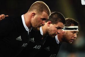 The All Blacks front row packs down against France. Photo / Getty Images