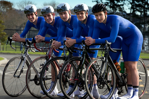 St Kentigern College road cycling A team Fraser Macdonald (left), Sam Dakin, Liam Ward, Liam Foster and captain Rogie Tomlinson-Gillies are leading the senior boys division of the winter time trials. Photo / Brett Phibbs